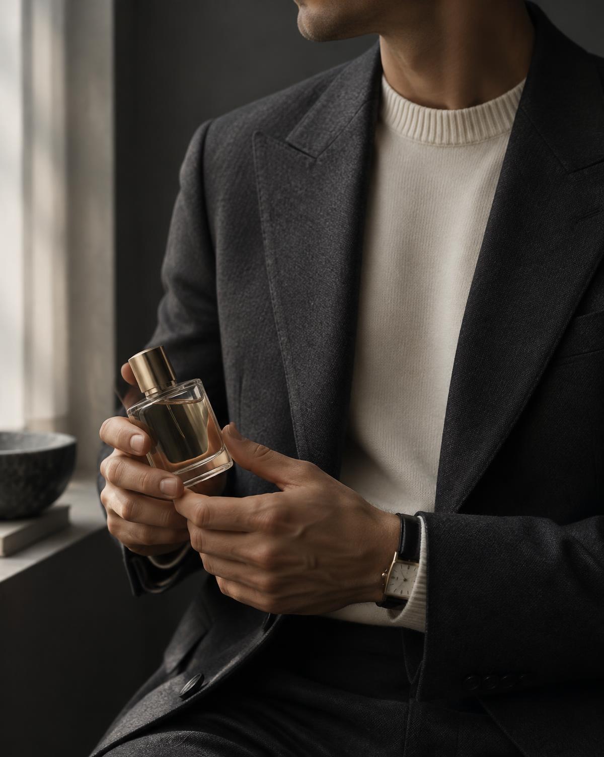 A man in a charcoal blazer and cream knit holding a perfume bottle by a window